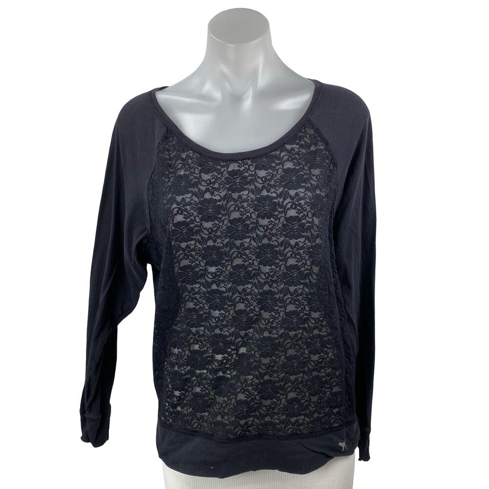 Victoria's Secret PINK Black Floral Lace Long Sleeve Scoop Neck Blouse Top Sz M